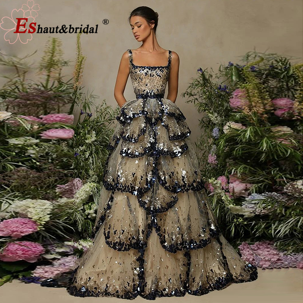 Eshaut&bridal Luxury Sequined Evening Dress Tiered Petal Skirt Formal Prom Gown Customized Robe De Soiree For Women Party 2026