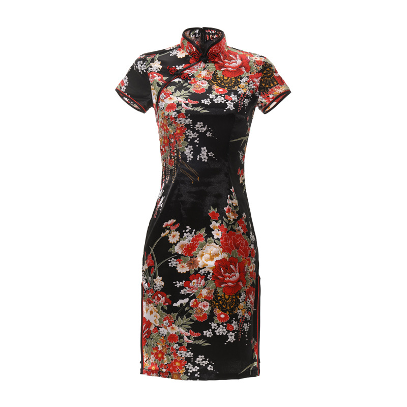 Black Chinese Lady Sexy Cheongsam Print Flower Mini Qipao Traditioanl Casual Dress For Women Mandarin Collar Oversize 6XL