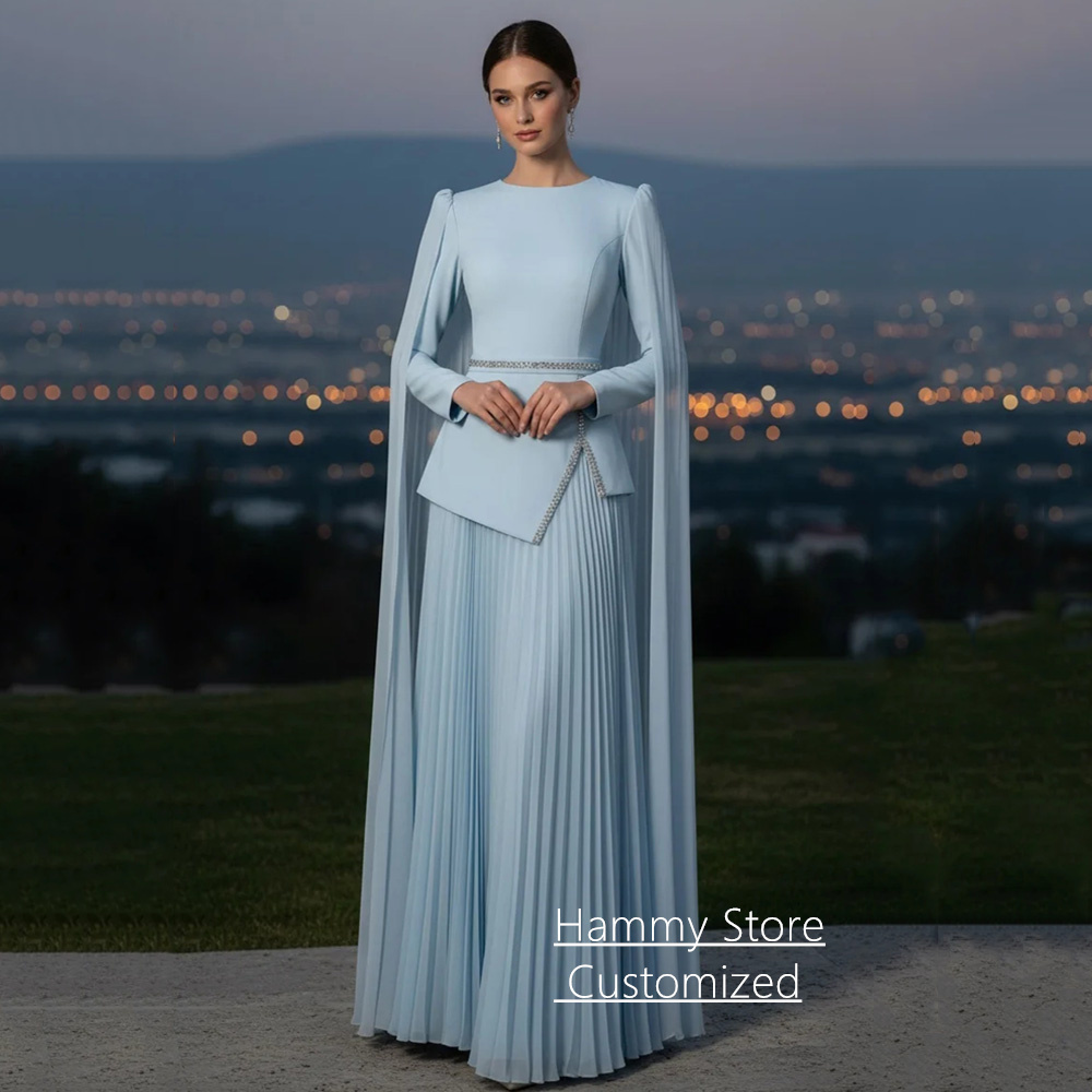 Elegant Evening Dress Robe De Soiree Customized Round Neck Full Sleeves Crystal Pleat Chiffon Skirt Arabian Prom Gown