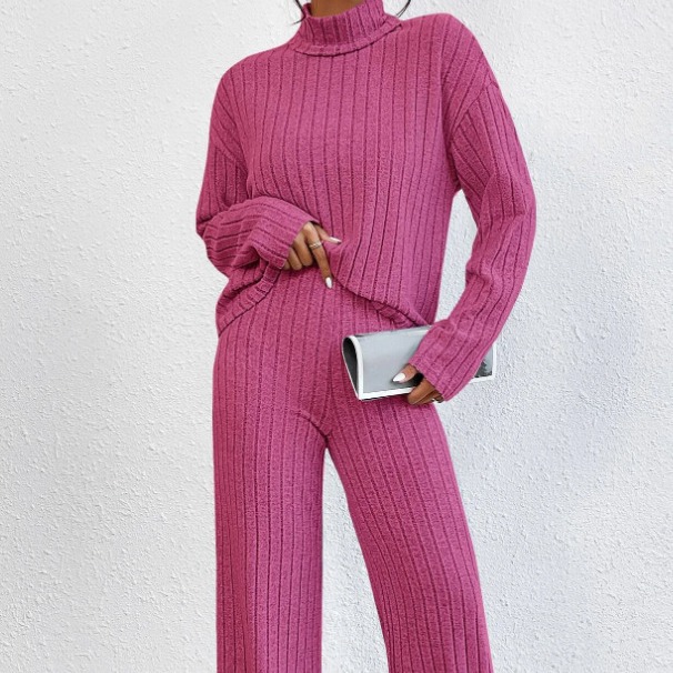 2025 High neck solid color knitted long sleeved set for women's hoodie autumn winter 2-piece set conjuntos deportivos para mujer