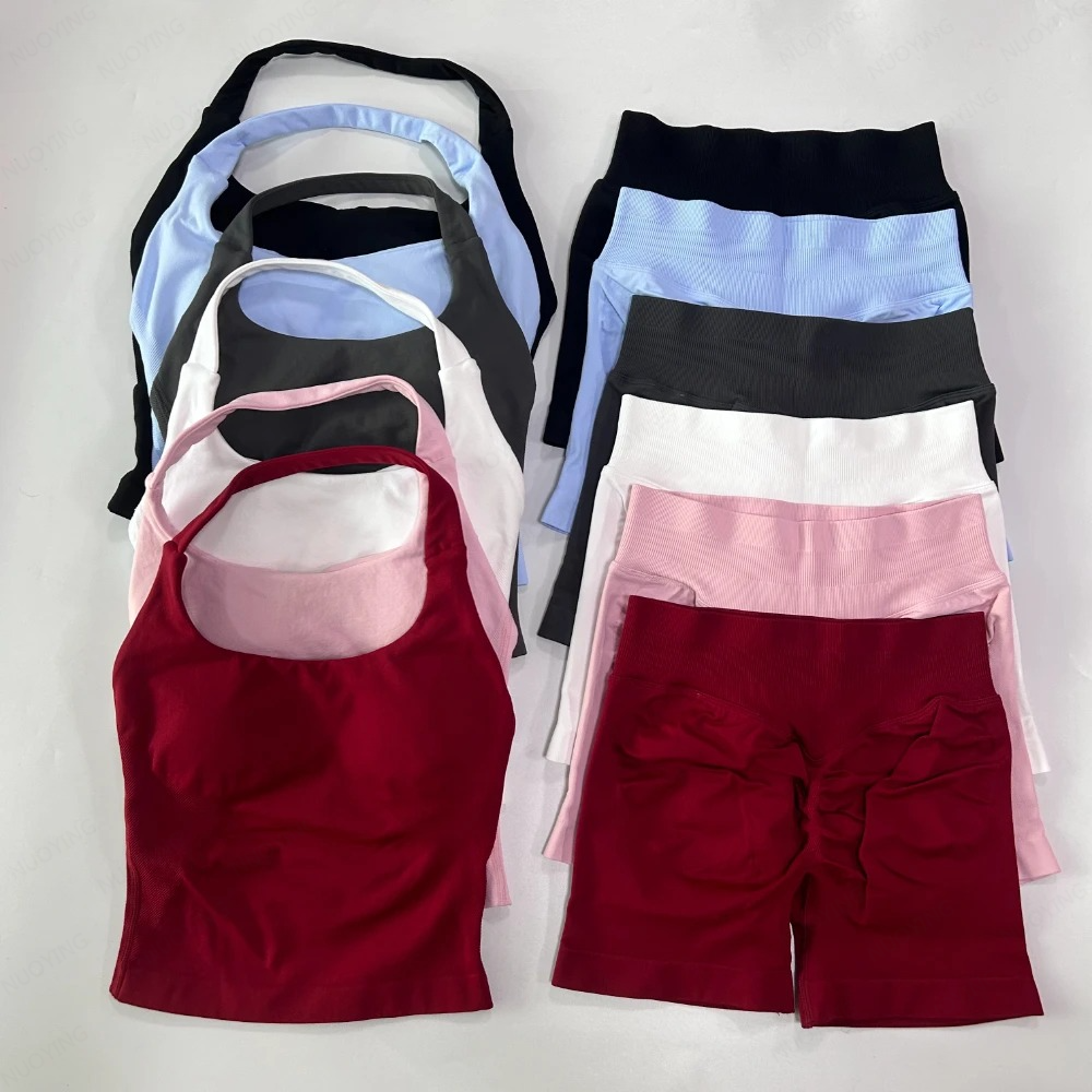 2 Pieces Women Gym Set No Logo Backless Halter Tops High Waist Seamless Shorts Fitness Suit Sportswear Workout Clothes Outfit