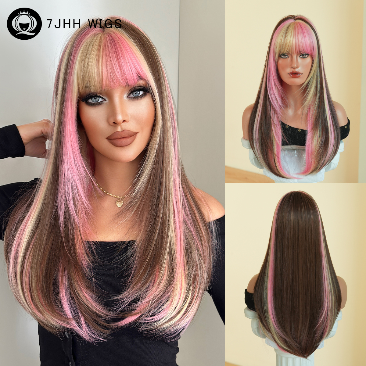 7JHH WIGS פאה מלאה ישרה חום הודגש ורוד בלונדי