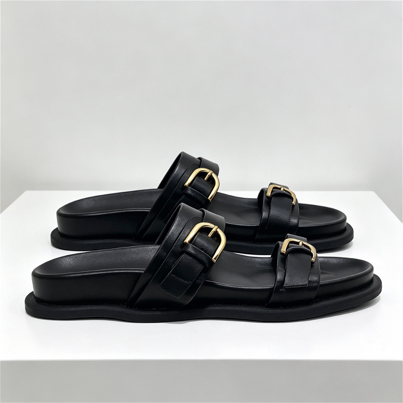 Metal Buckle Soft Leather Women Roman Shoes Thick Bottom Women Summer Slippers Leisure Comfort Non-slip Women Beach Flat Sandals