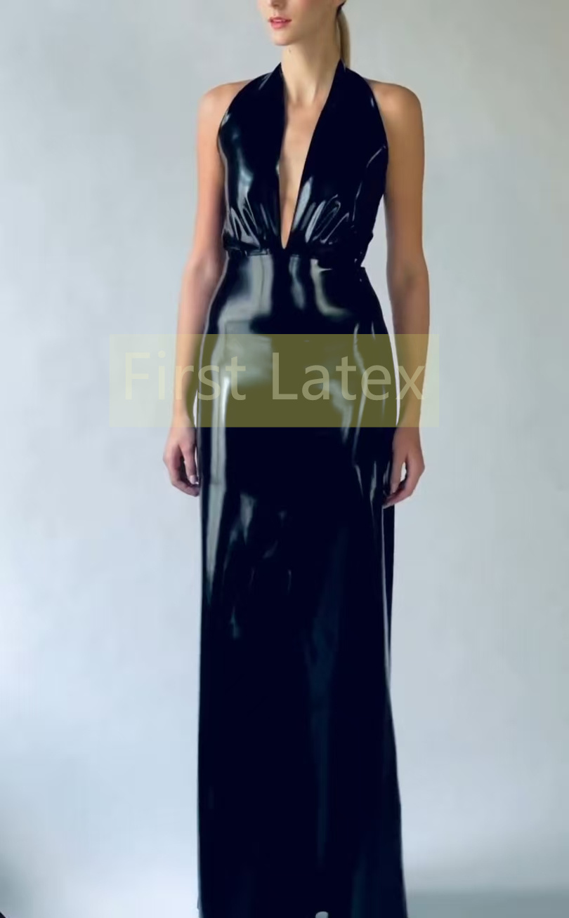 Handmade Woman Natrual Latex Ankle Length Dress Sleeveless Lady's Skirts Sexy Rubber Dress Latex kleid Vintagestyle Halloween