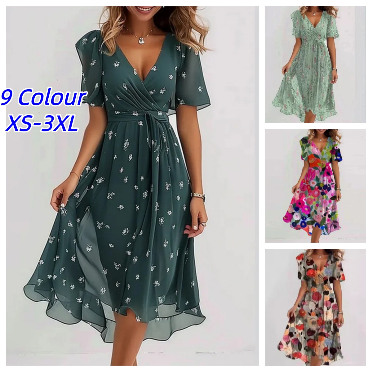 Elegant And Fashionable Printed Knee Length Dress For Women 2026 New Loose Casual V-neck Floral New Printed Dress Femme Robe