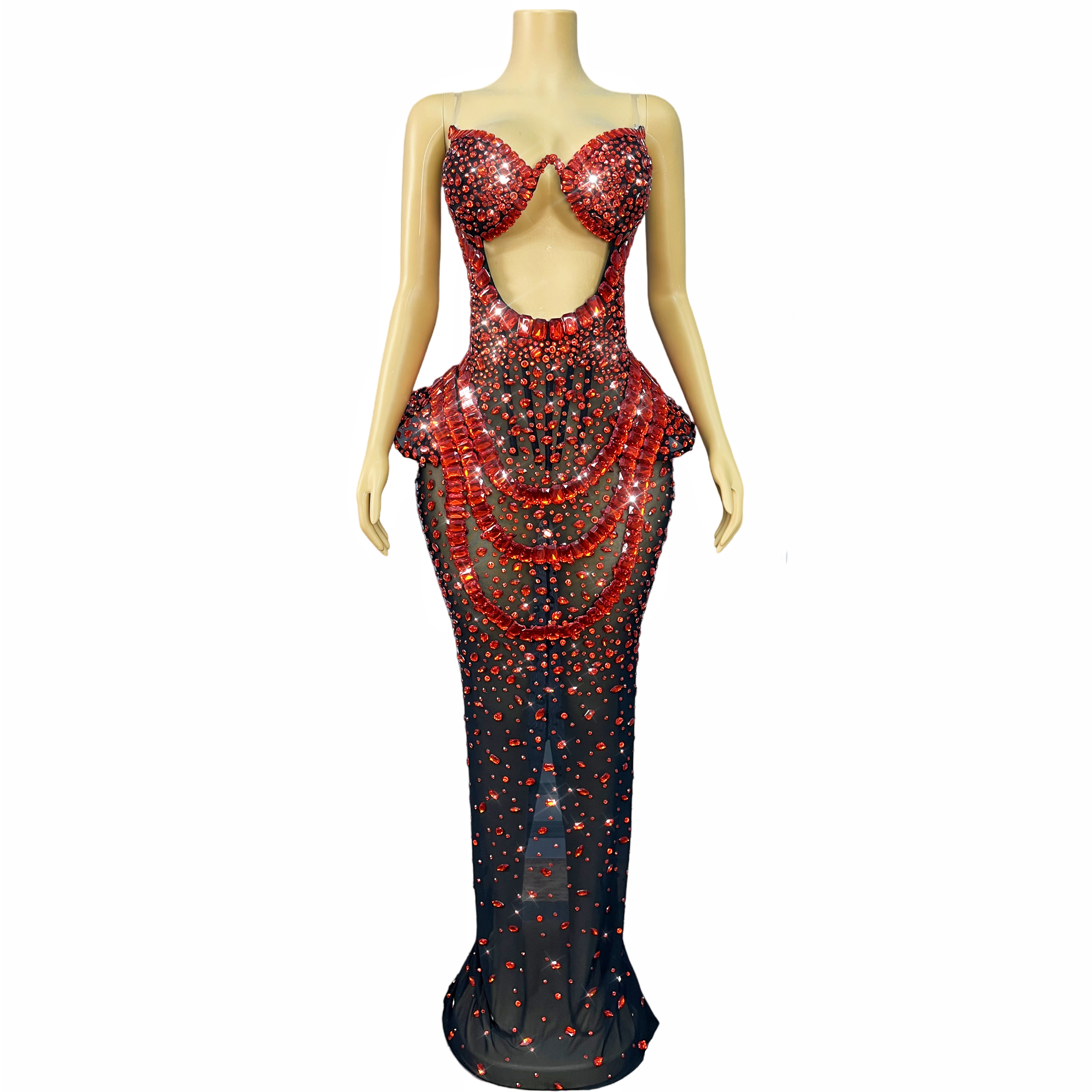 High Quality Heavy Twinkling Rhinestones Sexy Transparent Mesh Dress Women Evening Prom Gown Red carpet Show Outfit Hongguan
