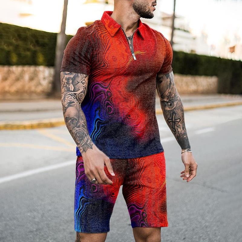 Summer Zipper Polo Shirt Suit 2 Pcs Tracksuit Men Beach Boho Geometric Style 3D Print Holiday Clothing Ensembles De Sport
