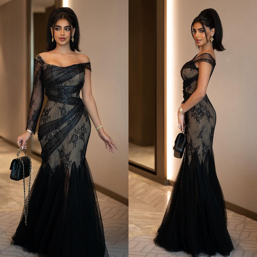 Customized High Quality Floor Length Strapless One Shoulder Appliques A-line Women Black Tulle Abito Cocktail Donna  فساتين سهره
