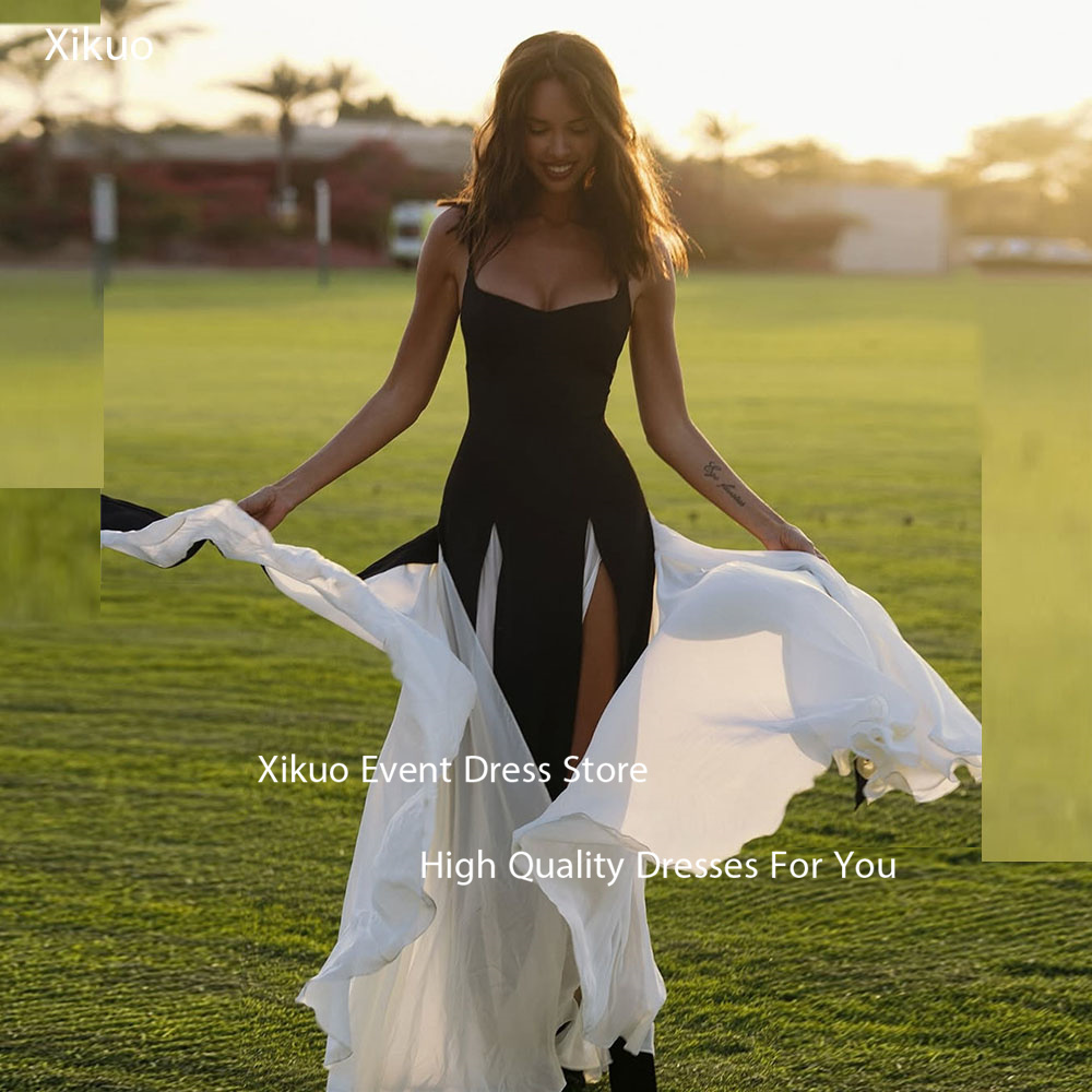 Xikuo Black And White Modern Evening Gowns Spaghetti Strap A Line Abito Cerimonia Donna High Slit Party Prom Dress Customized