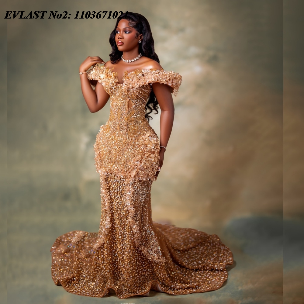 EVLAST Customized African Champagne Mermaid Prom Dress Black Girls Crystals Sequins Beaded Party Gown Robe De Soiree E2P185