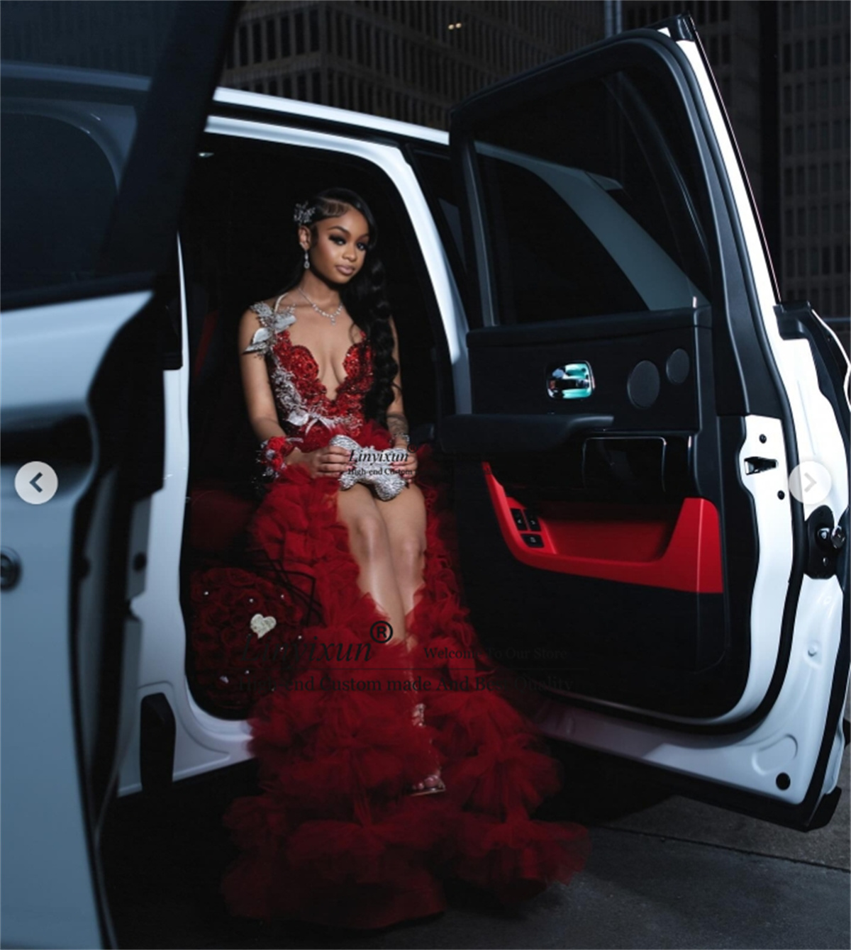 Glitter Rhinestones Beaded Prom Dress For Black Girl Customized Mermaid Evening Party Gowns Ruffles Slit Long Robe De Soiree