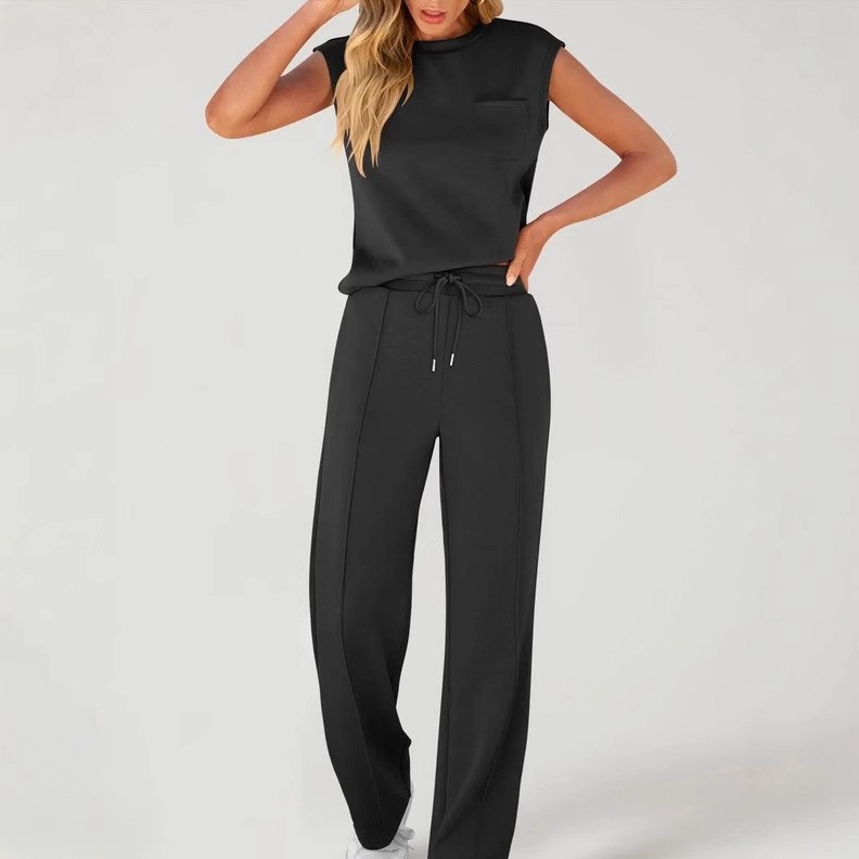Conjunto Deportivo Mujer Sleeveless Vest Pocket Top Wide Leg Drawstring Trousers Two Piece Set Women's Commuter Athleisure Suit