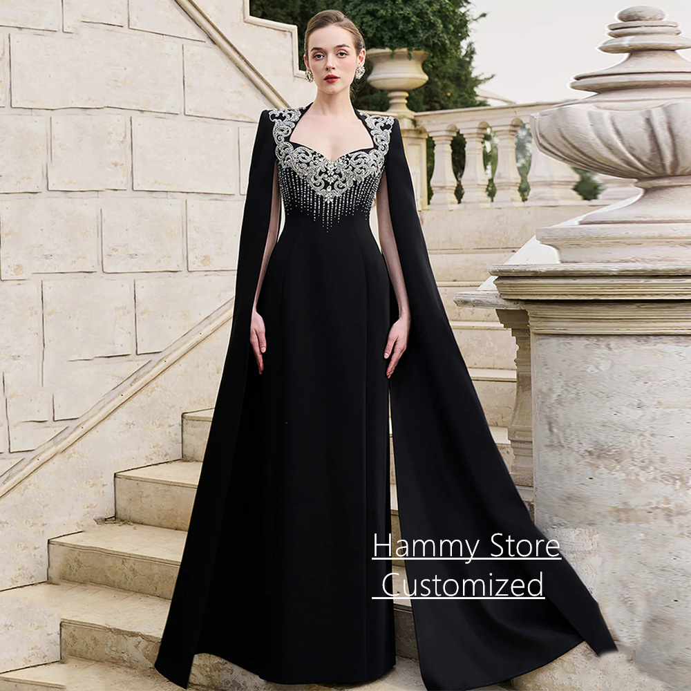 Arabian Black Prom Dress Customized V Neck Sleeves Cape Beading Sequined Floor Length Saudi Evening Gown Robe De Soiree