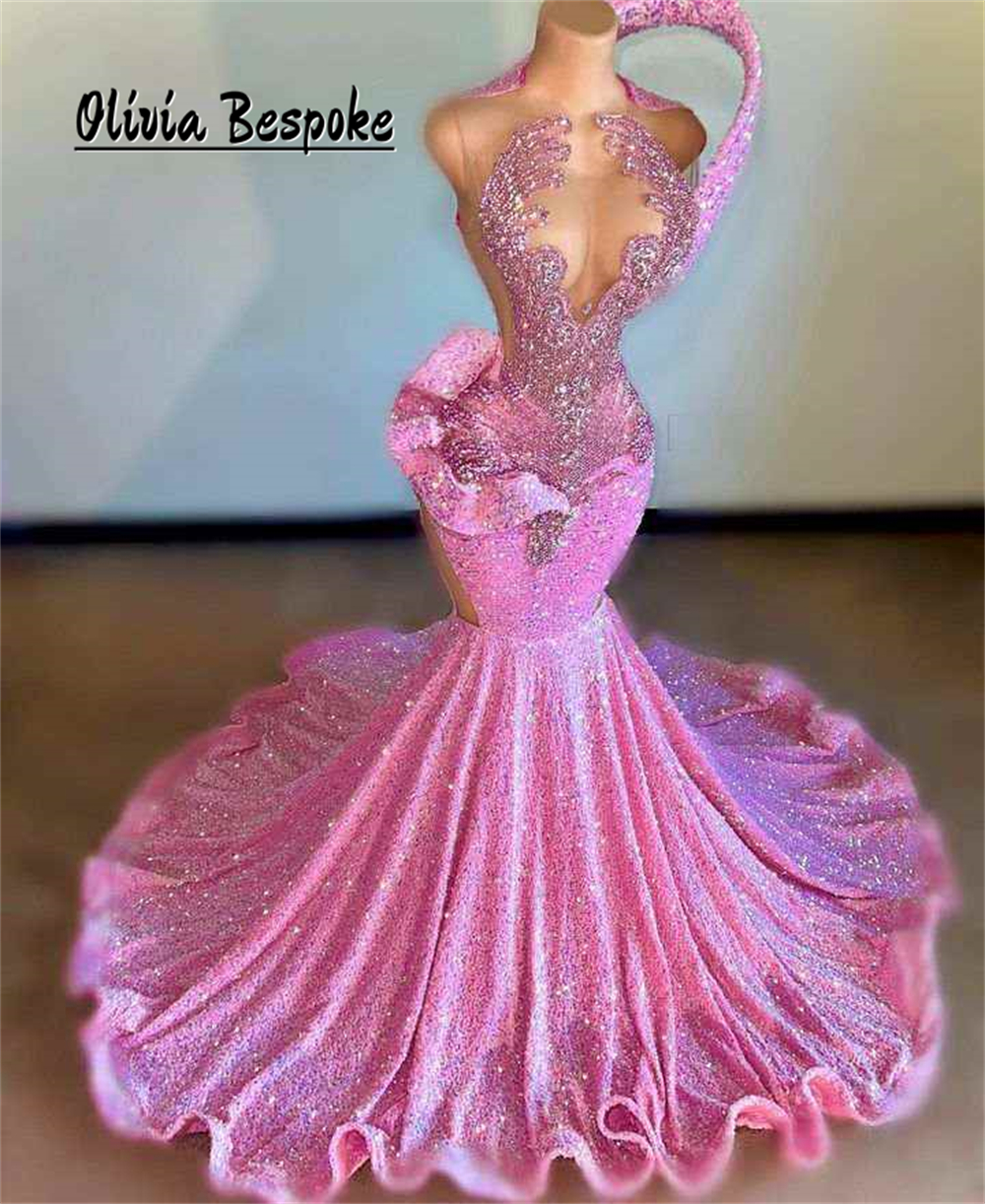 Conspicuous Pink Sequin Prom Dresses Beaded Rhinestones Mermaid Birthday Dress Luxury 2024 Evening Party Dress Customized