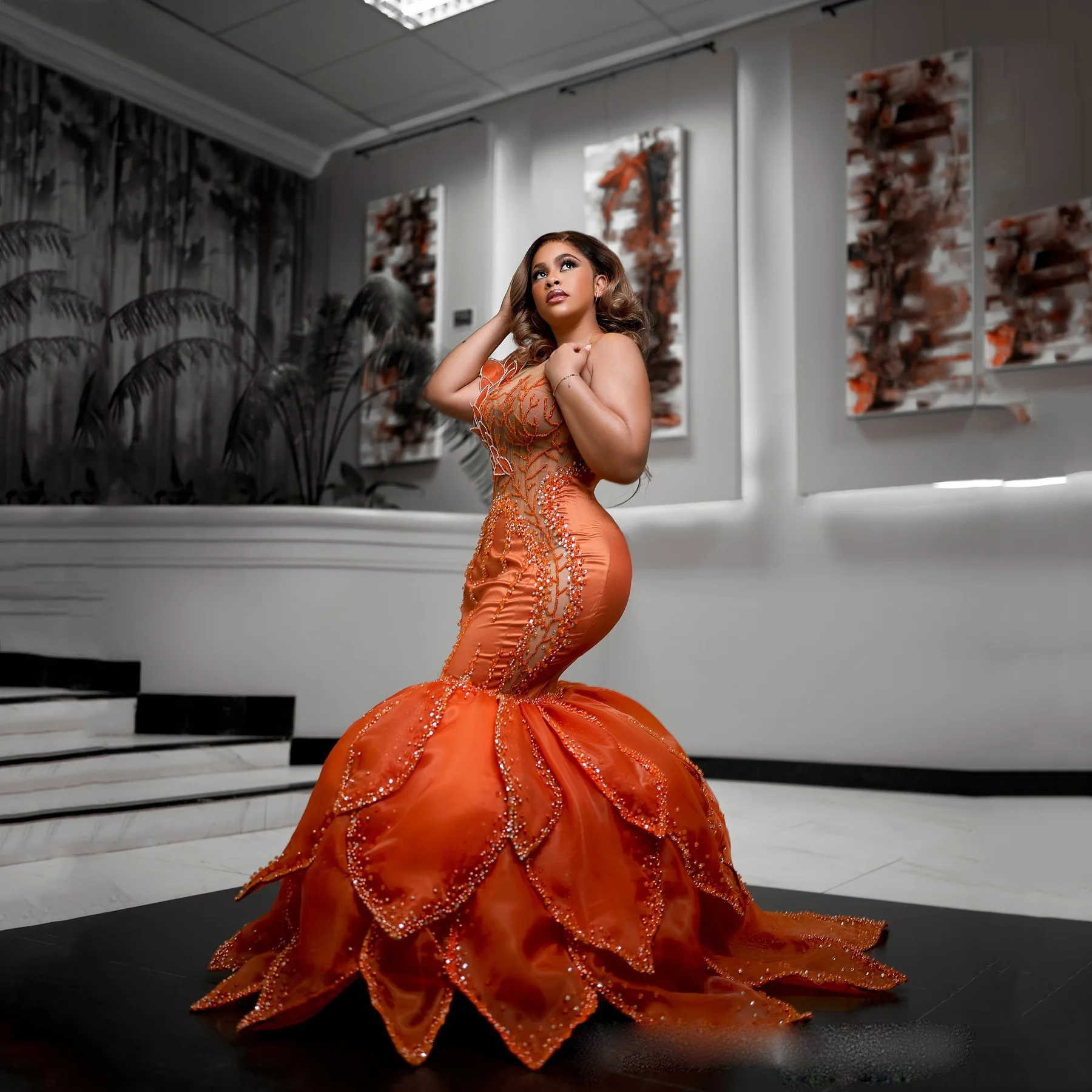 Burnt Orange Formal Gowns Mermaid abendkleider Ruffle Evening Dress Petals abito da sera Layered Floral Beading Evening Dresses