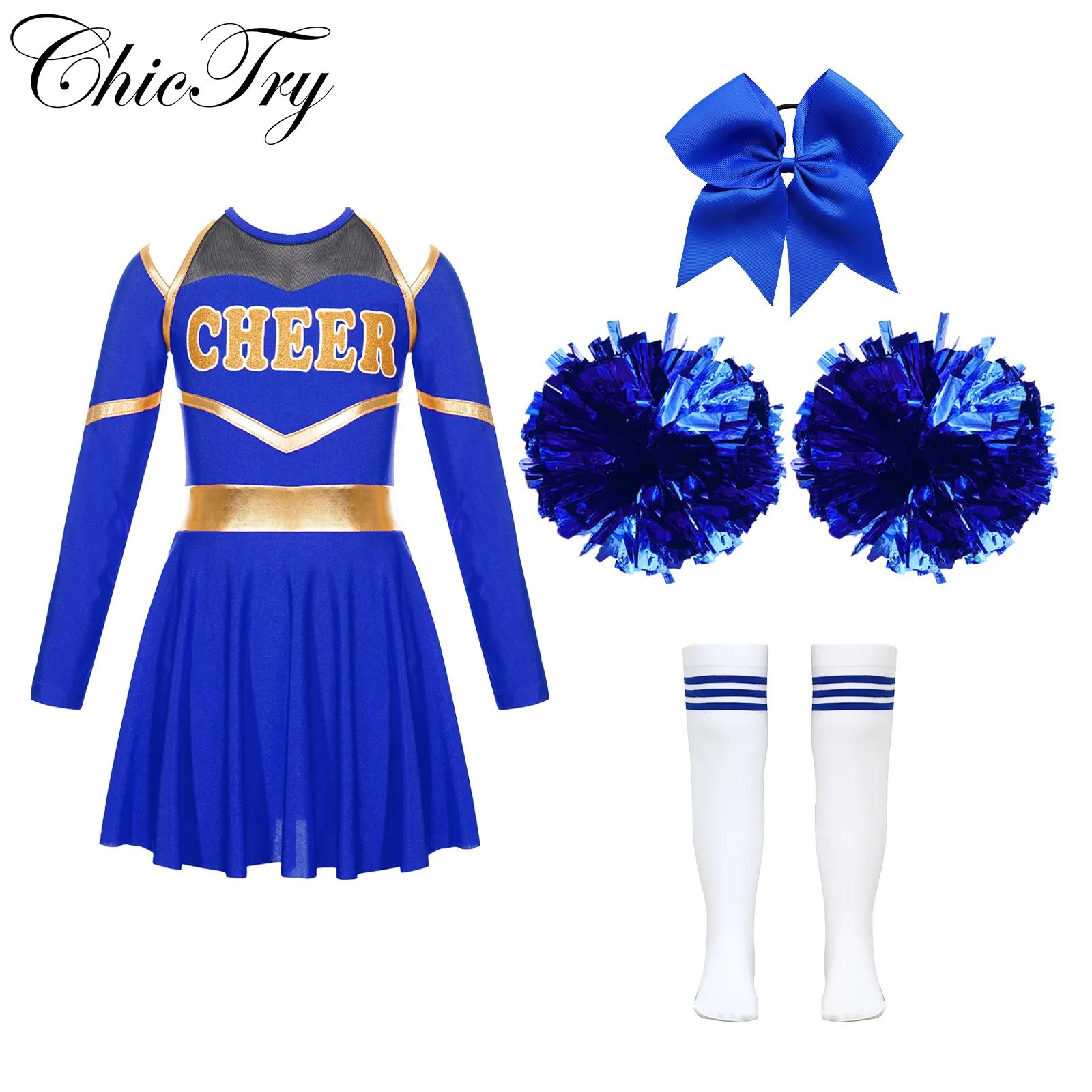 תחפוש cheerleading - תלבושת ריקוד לבנות עם שרוולים ארוכים וגרביים מפוספסים