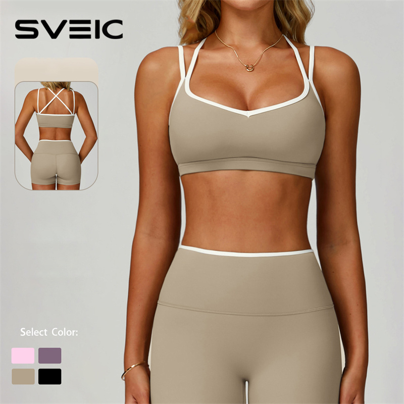 SVEIC SWomen's 2 Piece Yoga Set Contrast Color Sports Bra Shorts Gym Workout Running Fitness Activewear Conjunto Deportivo Mujer