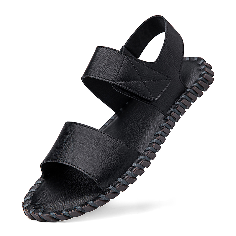 Men Artificial Leather Sandals Adjustable Strap Open Toe Casual Summer Walking Sandals Hand Stitched Non Slip Flat Beach Sandals