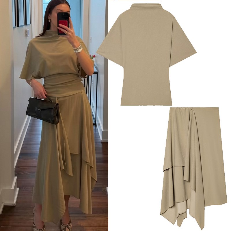 Women's Flowing Midi Waist Skirts Sets New 2026 Spring Summer 2 Piece Loose High-Neck Top+ Asymmetric Skirts Female Outfit