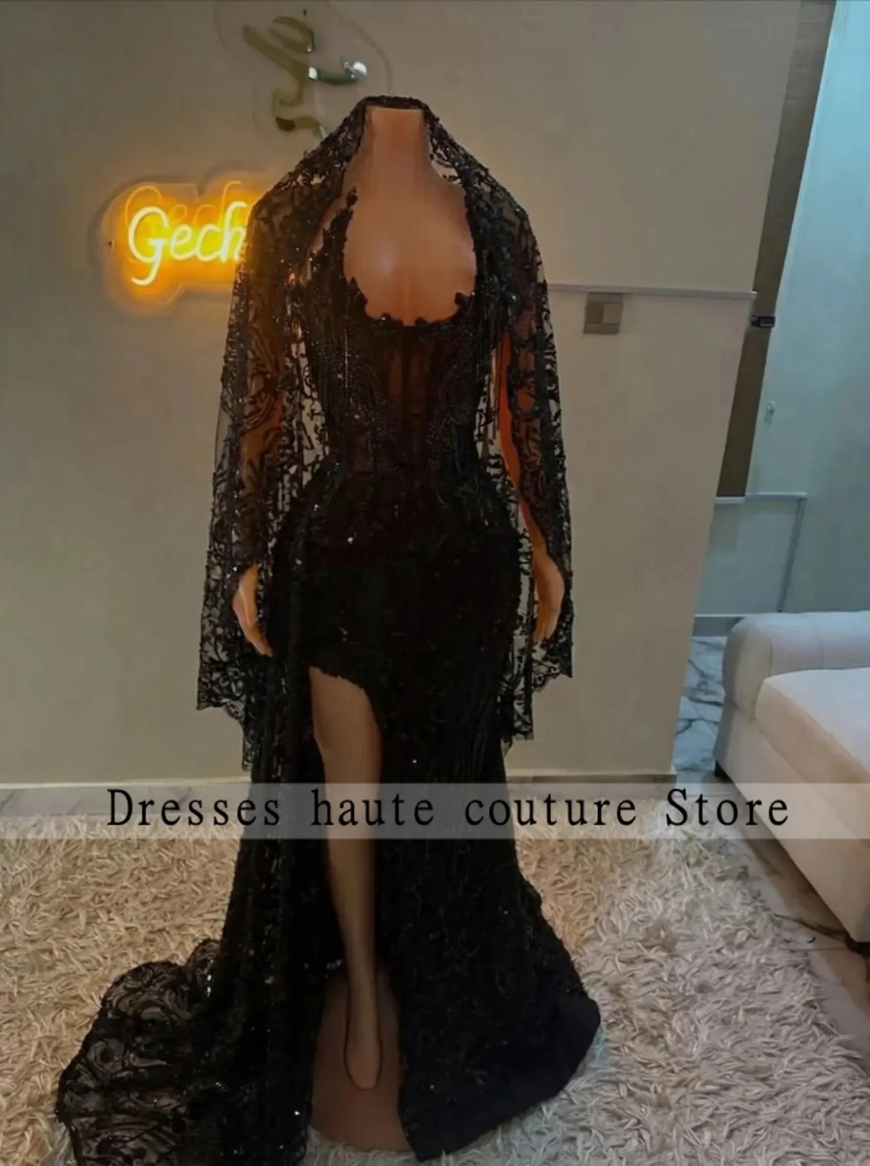Luxury Black Bead Lace Prom Dresses 2026 With Veil Sequined African Women Formal Wedding Party Dress Evening Gowns Customized
