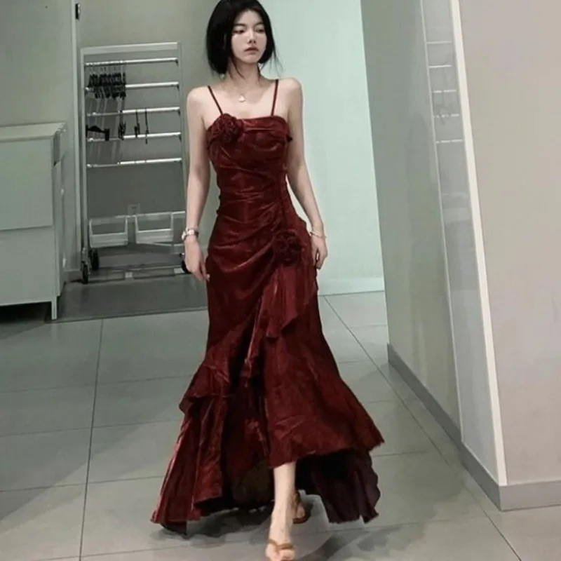 Elegant Vintage Fishtail Dress for Women 2025 Summer New Camisole Dresses Sexy Slim Waist Mid-length Loose Vestido Feminino