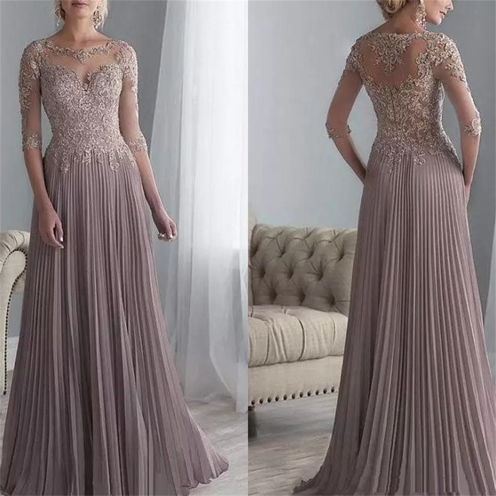 Chiffon Pleated Lace Applique A Line Mother Of The Groom Dress With 1/2 Sleeves Bride Long Vestido De Festa Wedding Gowns 2023