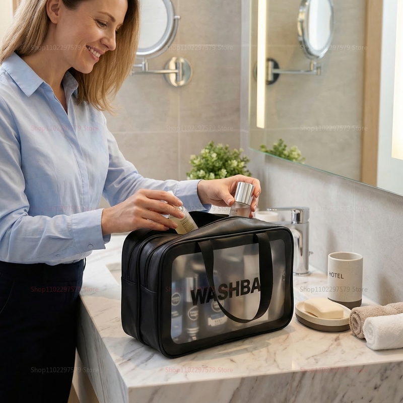 Dry-wet separation double transparent PU makeup bag portable washing bag cosmetic storage bag travel fitness swimming essentials