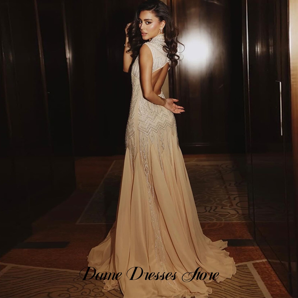 Luxury Beading Sequined Vestido De Festa Dreamy High Collar Backless Celebrity Gowns Customized Mermaid Organza Evening Dress