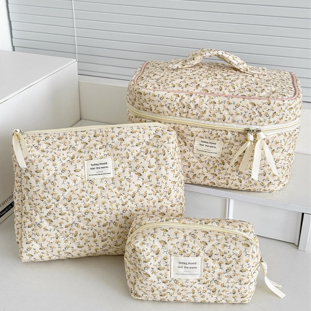 Vintage Women Floral Print Cosmetic Pouch Handbag Travel Orgainzer Make Up Storage Bag Large Capacity Quilted Bag For Gift
