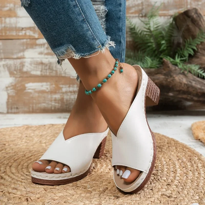 Sexy V-neck High Heels for Women Thick Heels Fish Mouth Slip-on Sandals Summer Women Sandals Sandalias De Mujer Chaussures Femme
