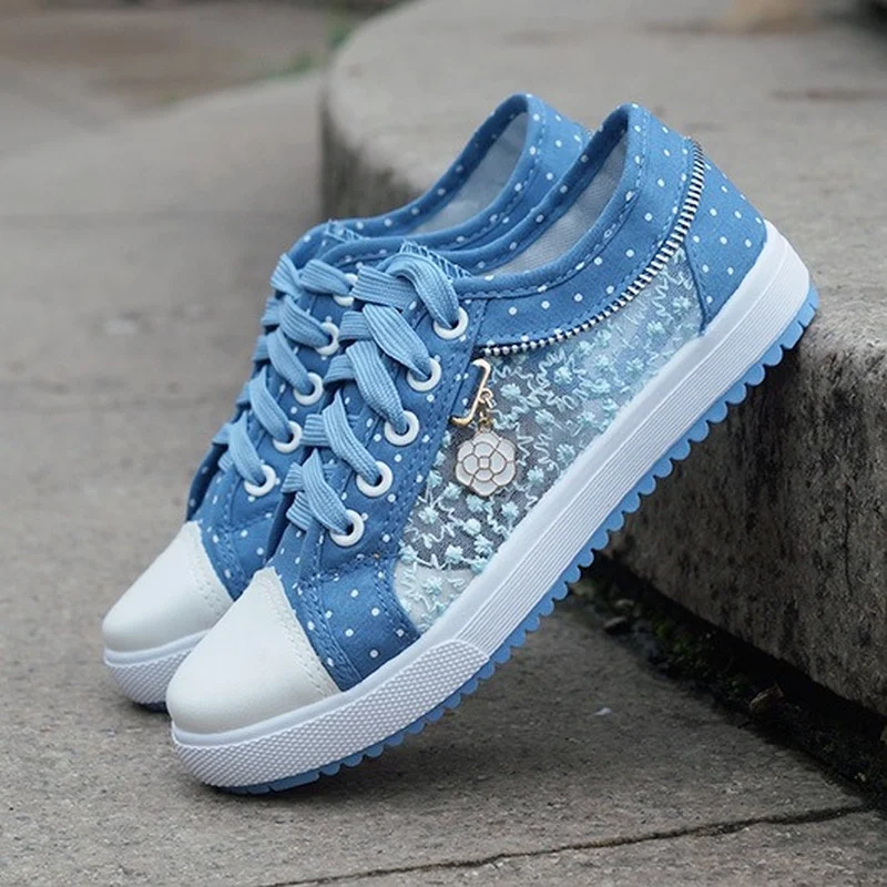 Women's Hollow Denim Mesh Shoes Woman Flat Casual Shoes Breathable Cloth Shoes Student кроссовки женские Scarpe Donna