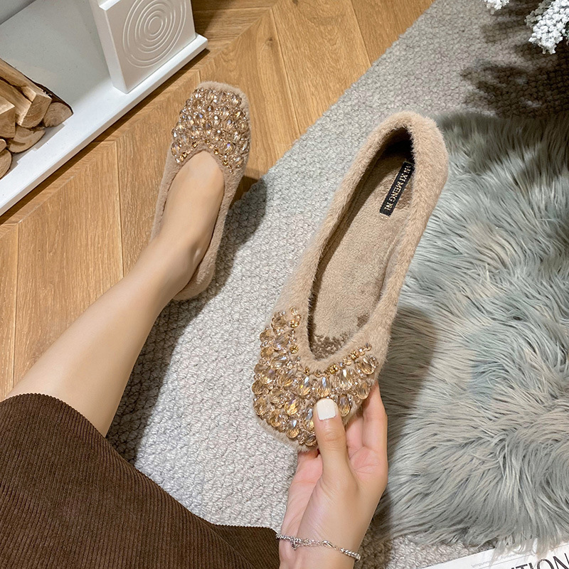 Women Pearl Beaded Flats Shoes Spring Square Toe Loafers Female Shallow Slip on Mocasines Mujer Sequined Ballets Shoes Women