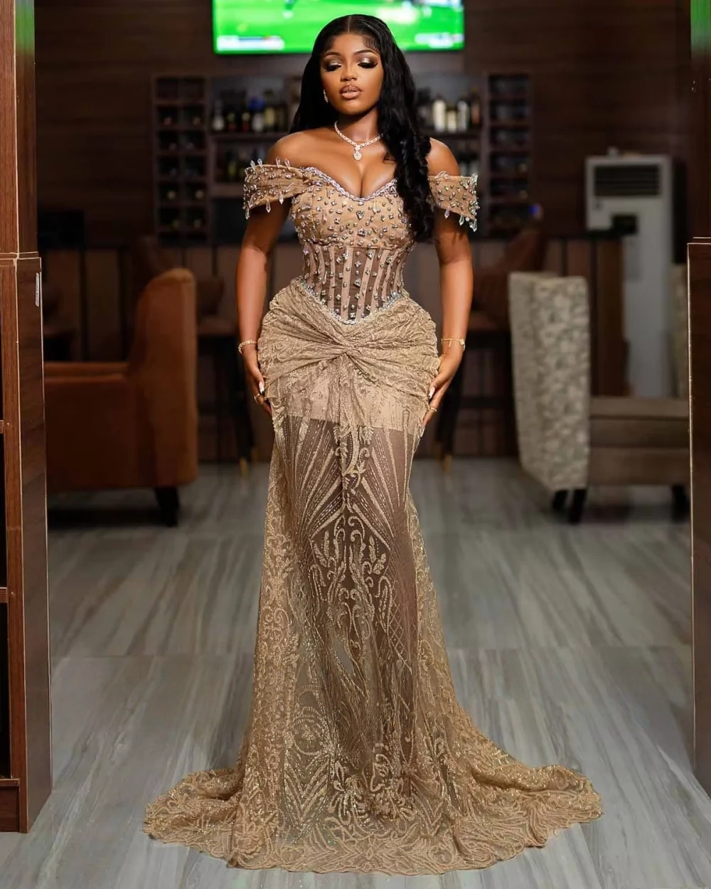 Champagne African American Prom Dresses For Black Girls Sweetheart Lace Beaded Aso Ebi Robe De Soiree Evening Gown Customized