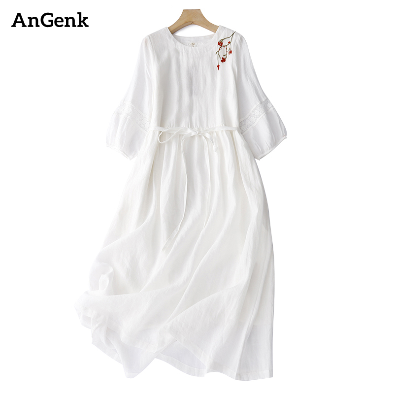 Summer Vintage Embroidery Solid Color Long Dresses For Women 2026 Casual Breathable White Thin Dress Femme Robe Elegant Clothing