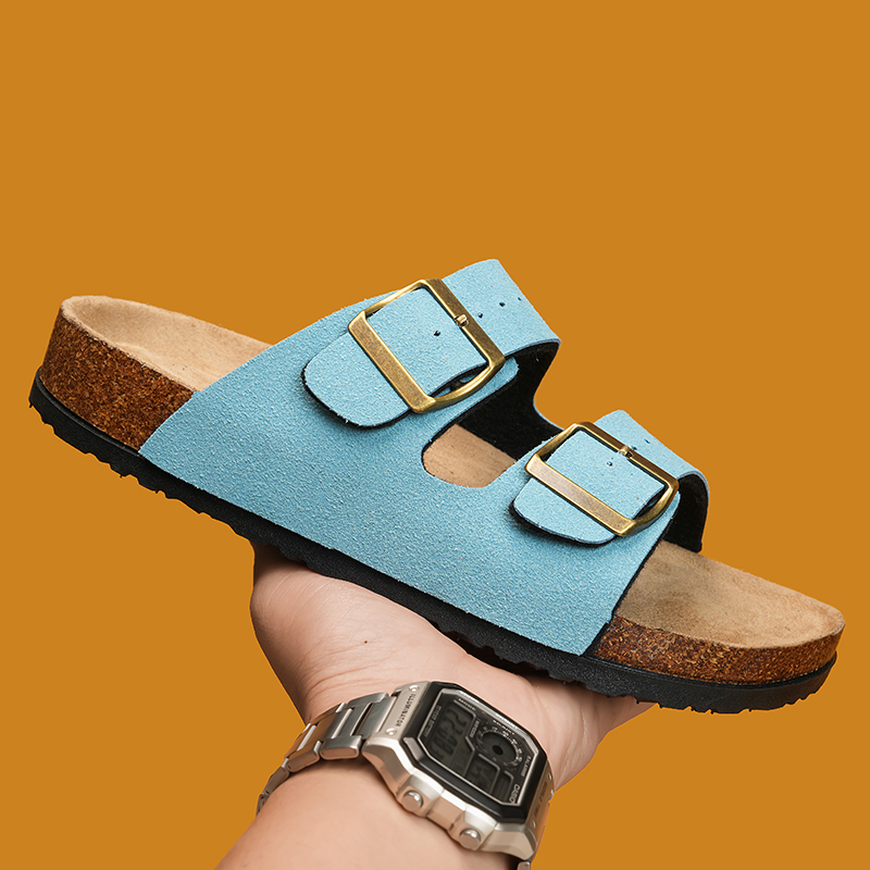 Ladies Cork Slippers With Double Buckle Adjustable Two Straps Suede Leather Clogs Comfort Footbed Slip On Flat Sandals Women