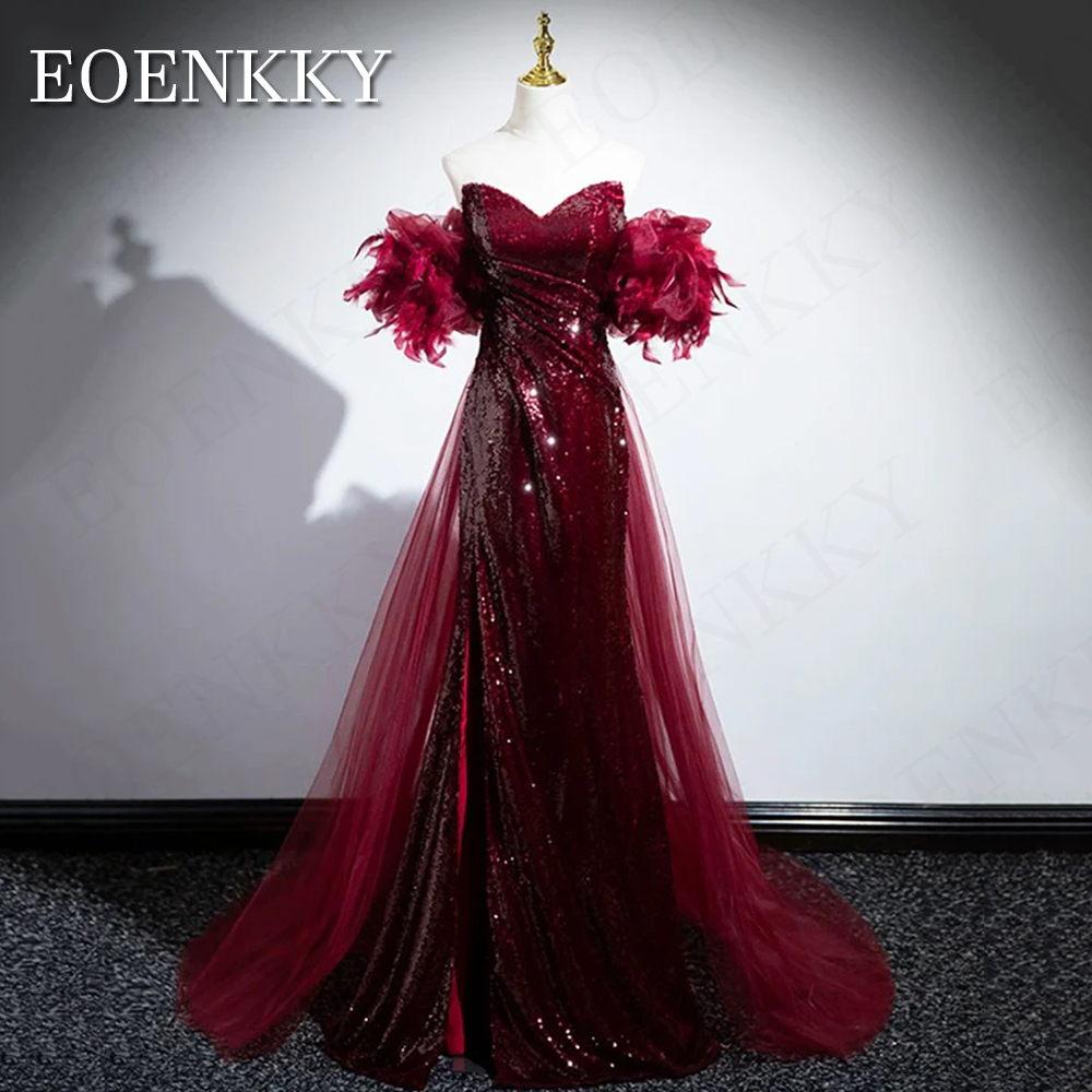 EOENKKY Burgundy Mermaid Sequin Evening Dress Luxury Woman Feathers Off Shoulder Prom Dresses V Neck Customized vestido de festa