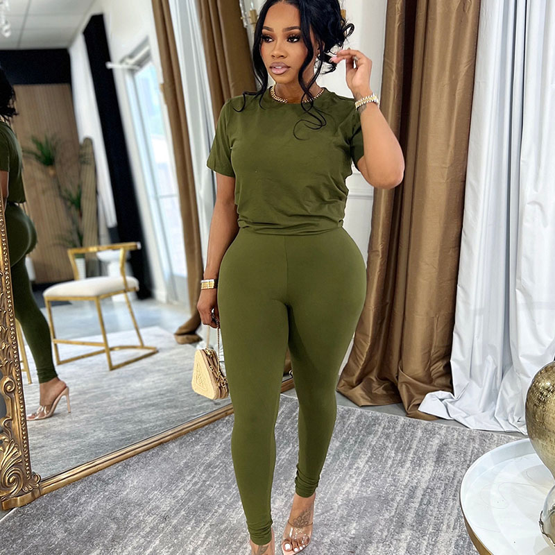 Doyerl Basic Solid Tracksuits Set Woman Two Piece Set Sport Casual Short Sleeve T-Shirt Top and Leggings Ensemble Jogging Femme