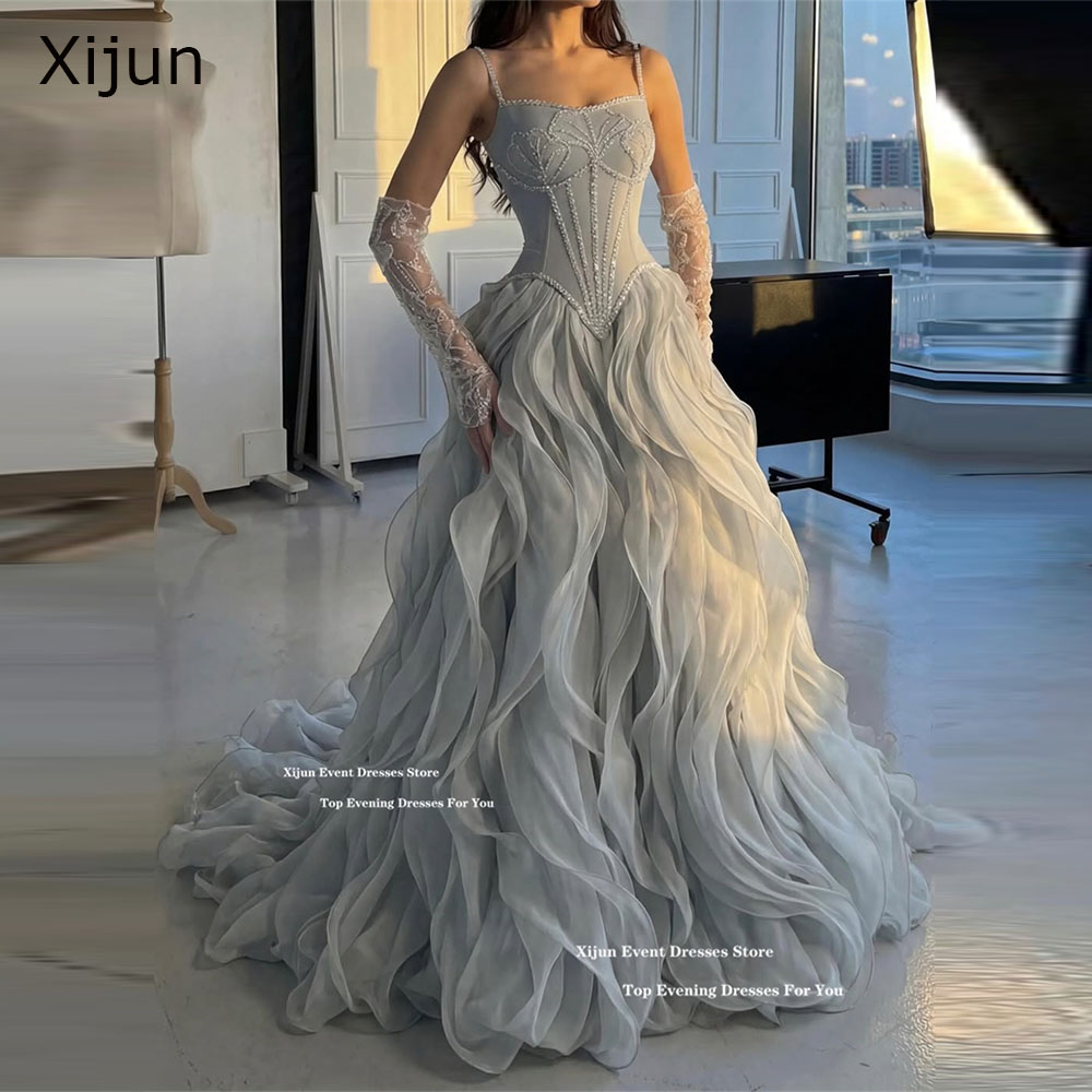 Xijun Luxury Long Evening Dresses Ruffles Beads Formal Dubai Prom Dresses Ruched Sweetheart A-Line Prom Gowns Women Customized