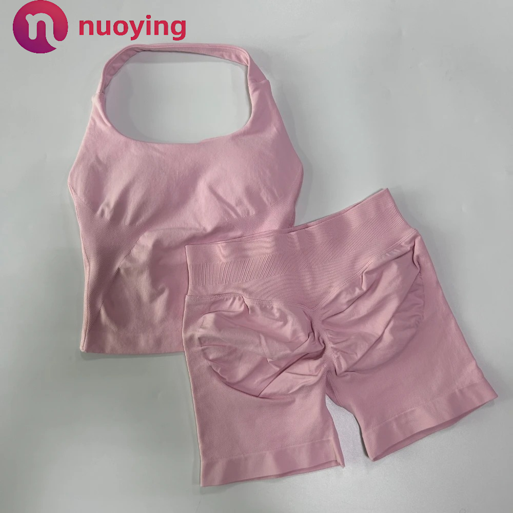 2Pcs Women Seamless Workout Set Backless Halter Crop Tops High Waist Shorts Gym Fitness Sports Activewear Tracksuit Suit
