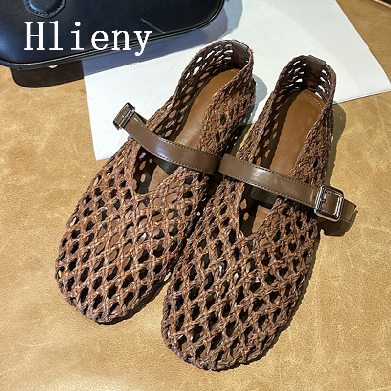 Hlieny Summer Weave Hollow Out Mesh Flats Women Fashion Round Toe Buckle Strap Loafers Ladies Casual Mary Jane Shoe Mules Sandal