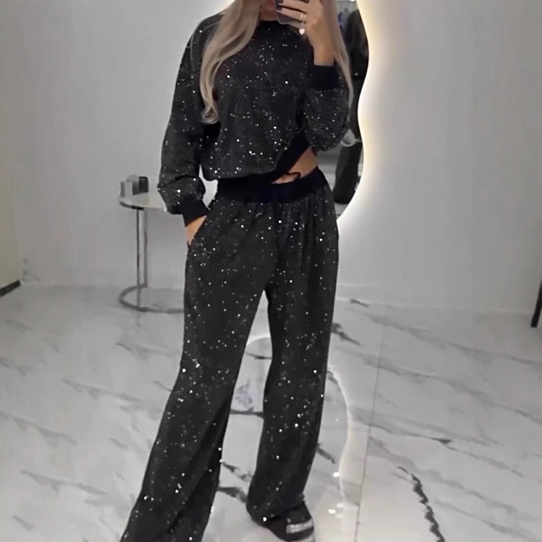 Conjunto Deportivo Mujer Round Neck Long Sleeve Sequined Fashion Pullover Elastic Waist Trousers New Tracksuit Women 2 Piece Set
