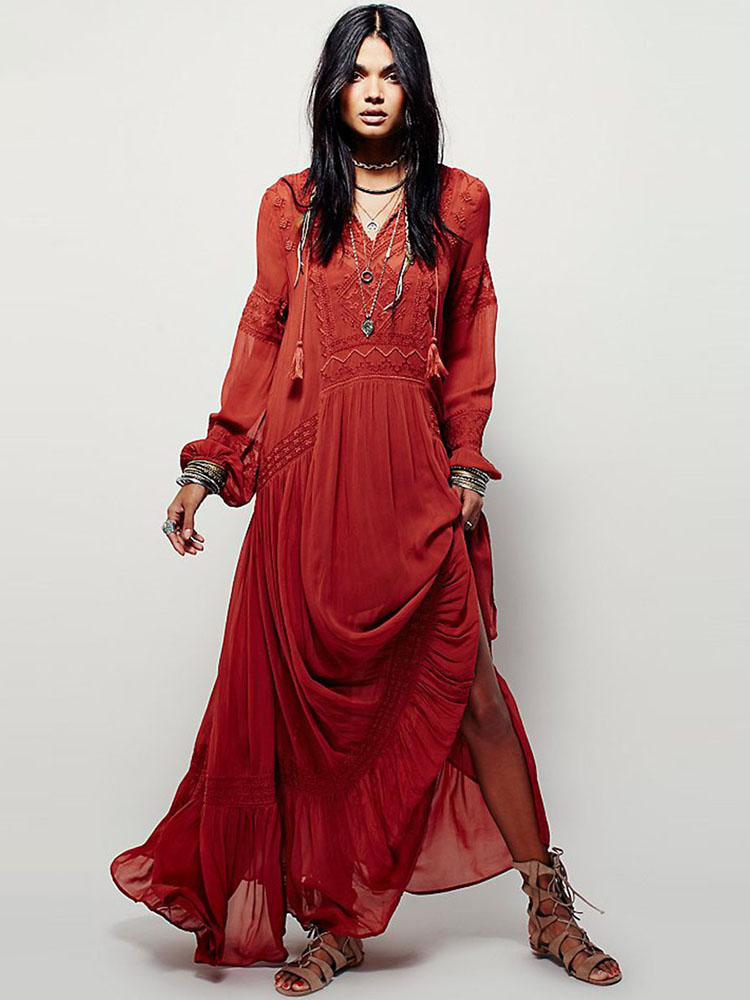 Jastie Women Dresses Elegant Ladies Vintage Long Sleeve Embroideried Orange Red Maxi Dress Vestidos Femininos Boho Style 2025