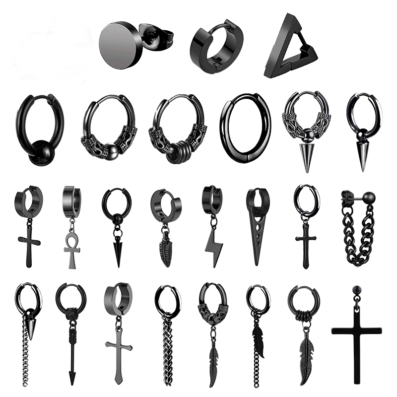 1 Pairs Punk Stainless Steel Stud Earrings Black Earrings Set For Men Women Vintage Hip Hop Piercing Ear Jewelry Accessories