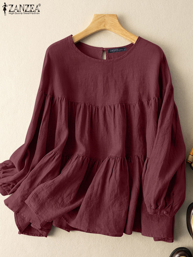 ZANZEA Summer Woman Breathable Cotton Blouses Long Sleeves O-Neck Tiered Tops Solid Color Casual Loose Blusas de Mujer 2026