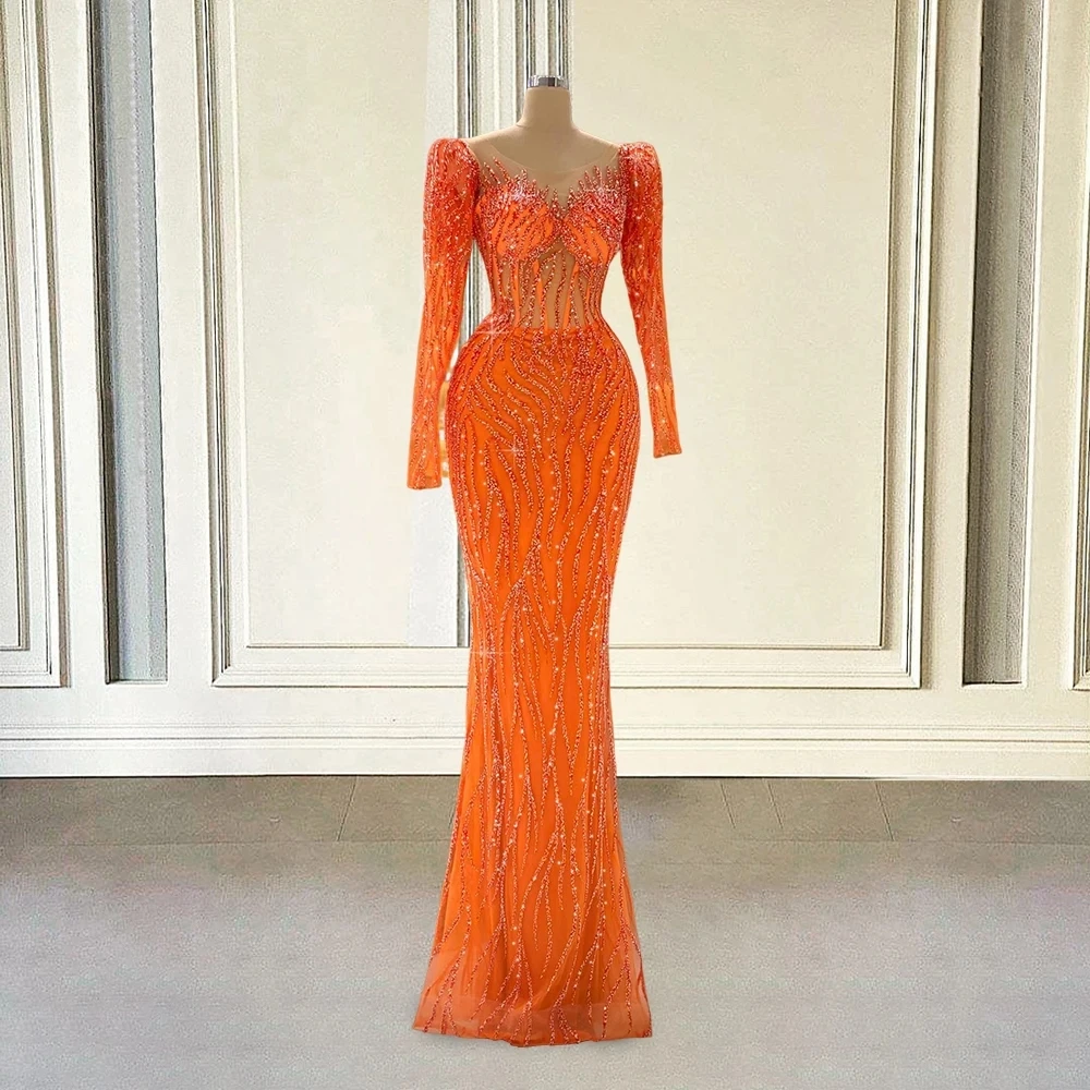 Sparkly Orange Evening Dresses Mermaid Long Sleeves Beaded Middle East Saudi Arabia Dubai Robe De Soiree Prom Gown Customized