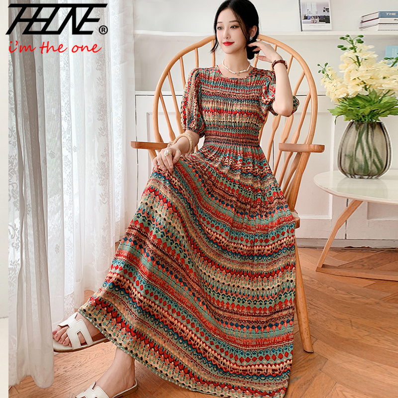 THHONE Vestido Feminino Summer Dresses for Women Robe Vestidos Bohemian Beach Style Vintage Short Sleeve Print Elastic Waist