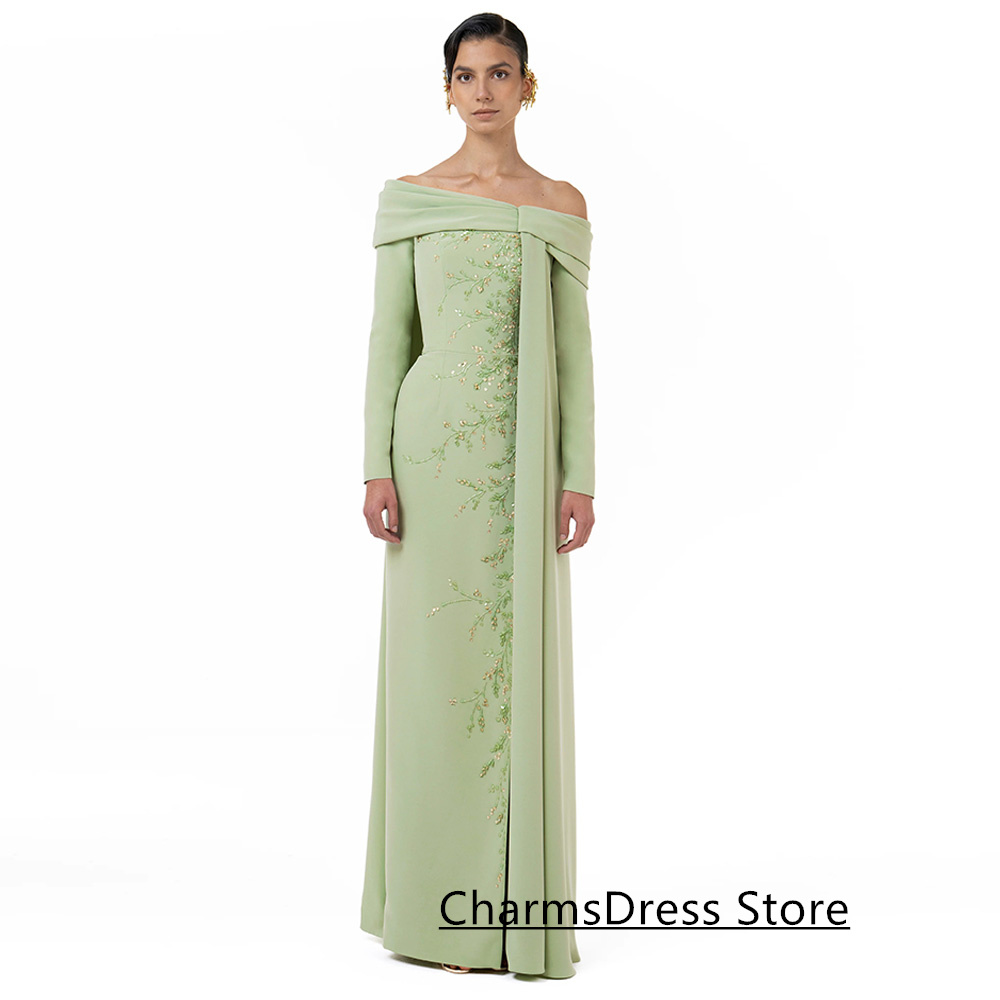 Fashion Evening Dress Robe De Soiree Customized Off The Shoulder Long Sleeves Beading Sequined Floor Length Arabian Prom Gown