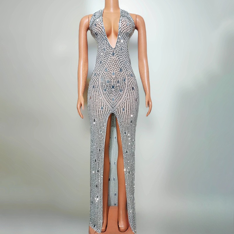 Glam Deep V Vacation Style Dress Birthday Party Studio Photo Costume Female Music Dance Costume Damen Kleider Abendkleid Elegant