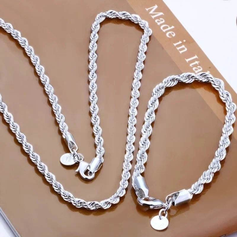 High Quality Fine 925 Sterling Silver Necklace Bracelets Set 4MM Women Men Chain Male Twisted Rope Fashion  Jewelry