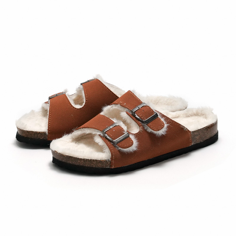 2025Nubuck Leather Cork Shoes Women/Men Wool Cork Slippers Winter Fur Slides Femme Pantuflas Clogs Sandals Wool Loafers Big Size